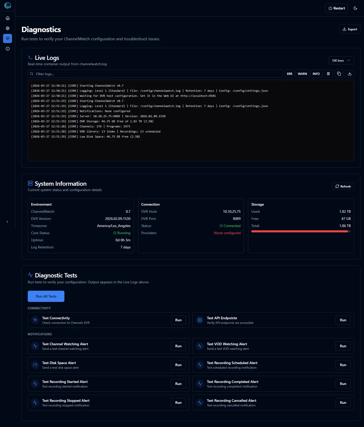 ChannelWatch diagnostics panel displaying live scrolling container logs, system information cards showing version and uptime, and one-click test buttons for each configured notification channel