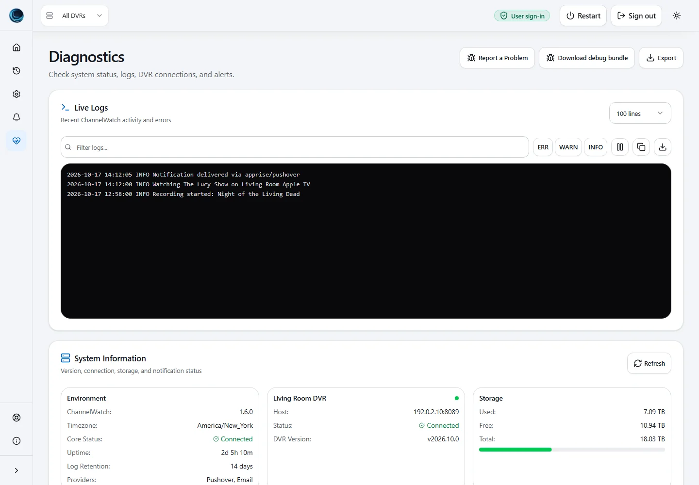 DVR diagnostics showing server status and storage details