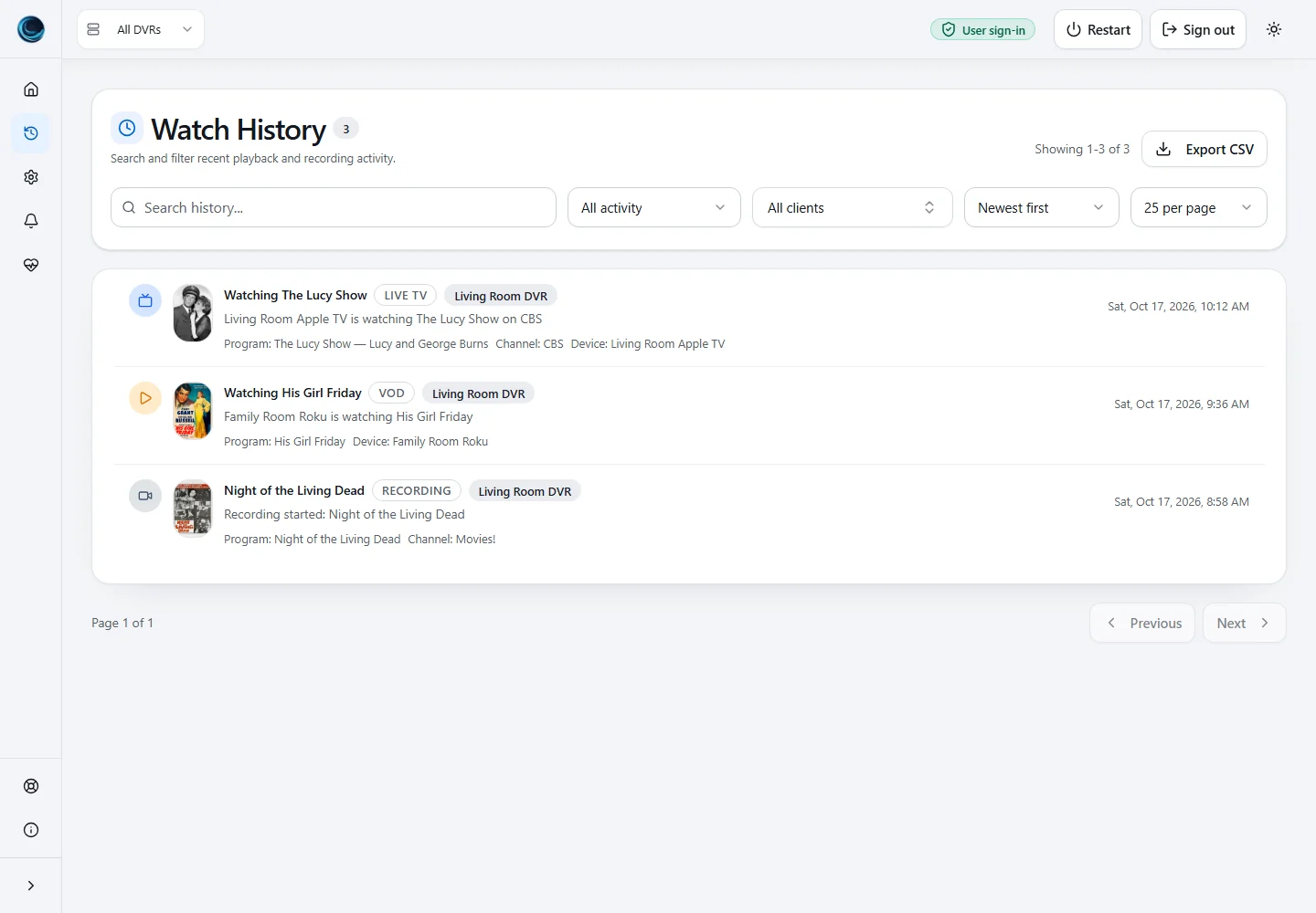 Watch history with recent playback and recordings
